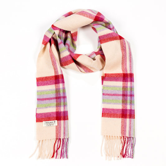 Ecru, Purple & Heather Plaid Long Lambswool Scarf