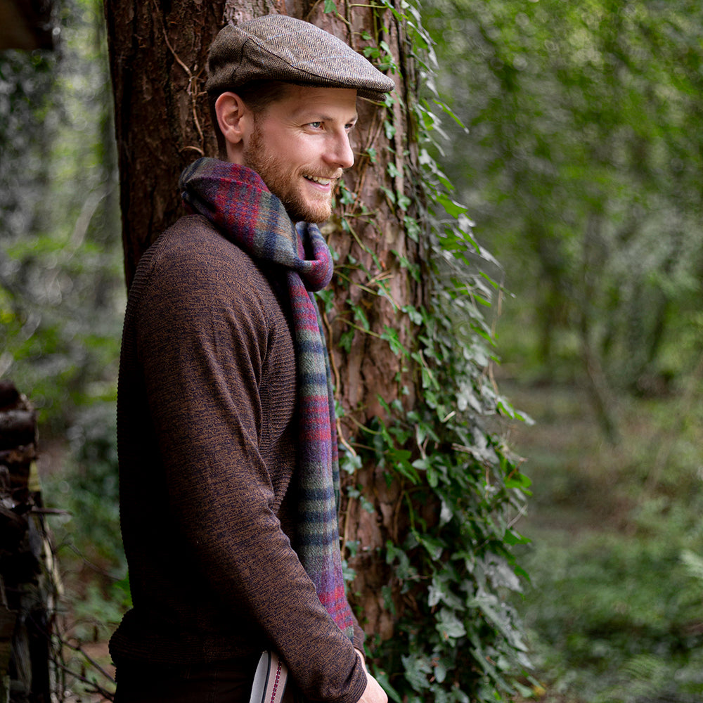 Green, Mustard & Purple Check Long Lambswool Scarf