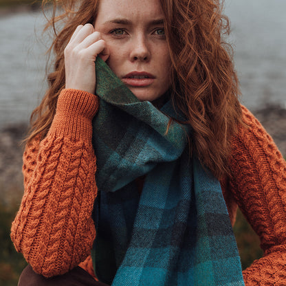 Turquoise, Green & Blue Block Long Lambswool Scarf