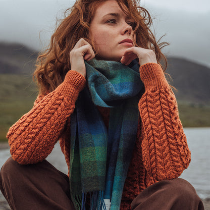 Turquoise, Green & Blue Block Long Lambswool Scarf