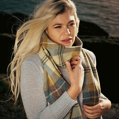 Citrus, Blue & Brown Plaid Long Lambswool Scarf