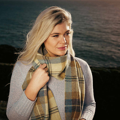 Citrus, Blue & Brown Plaid Long Lambswool Scarf