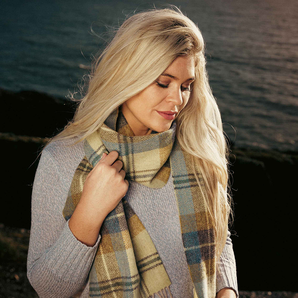 Citrus, Blue & Brown Plaid Long Lambswool Scarf