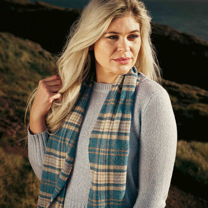 Blue & Beige Check Long Lambswool Scarf