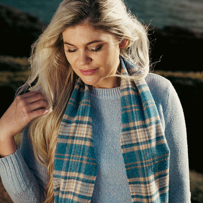 Blue & Beige Check Long Lambswool Scarf