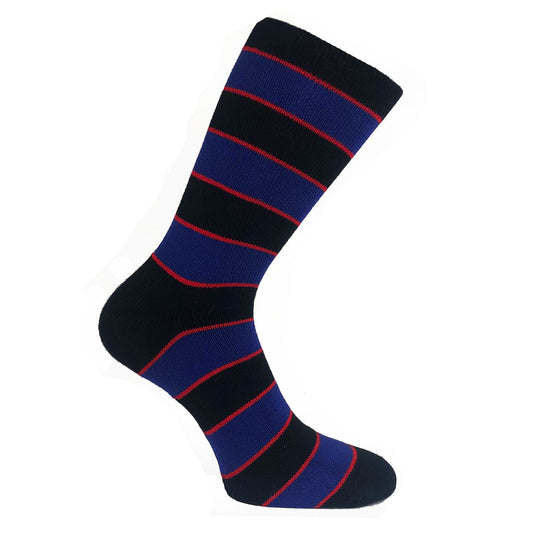 Black, red, and blue striped sock made in england