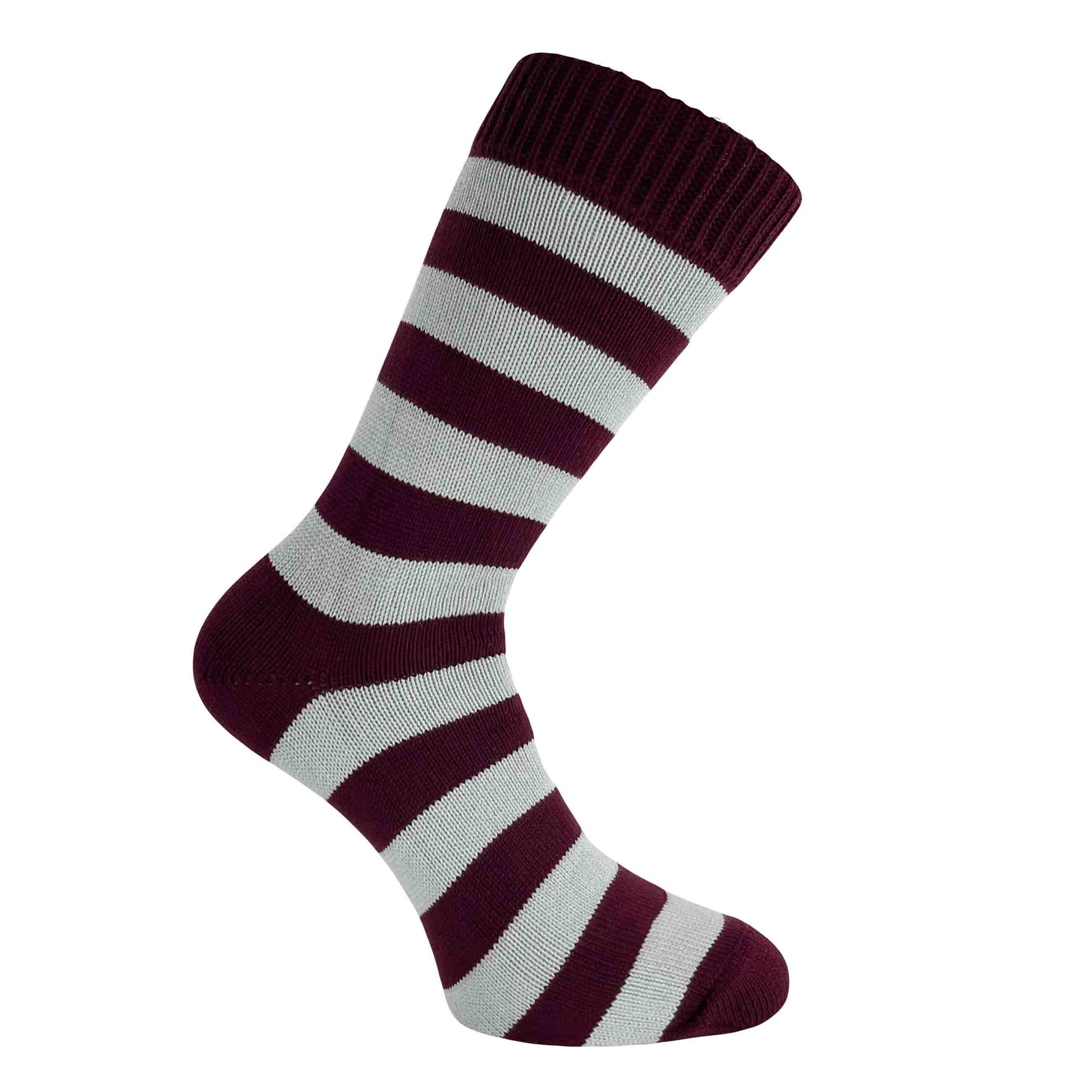 Grey and redcurrant striped thick sock made in england 