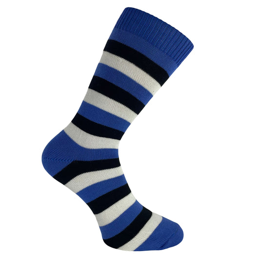 Blue, black, and white striped socks made in england