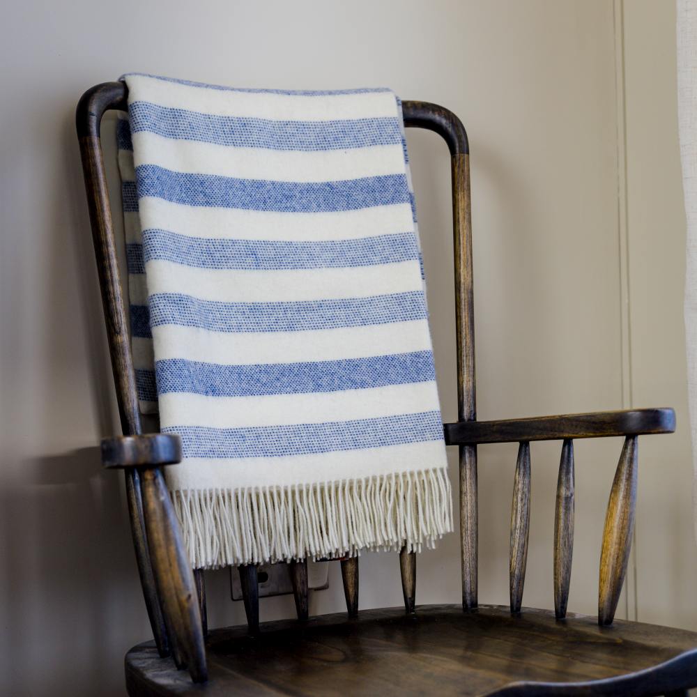 Merino Lambswool Throw | Denim White Stripe