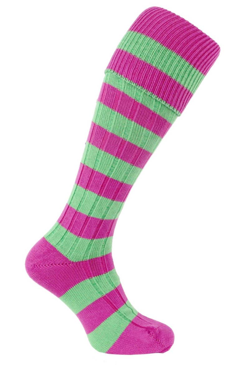 Corkhill Long Green and Pink Striped Socks - Seamless Toe Design